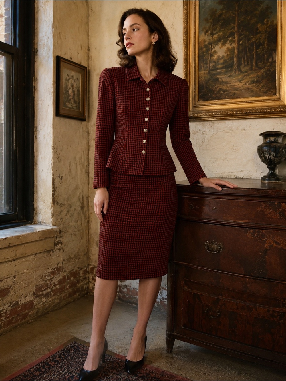 Vintage Rampage Houndstooth Suit Red Black Blazer Skirt USA Sz 7 Preppy Office